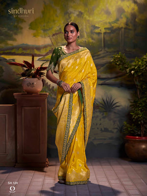 YELLOW PURE DOLA SILK SAREE WITH CONTRASTING GREEN EMBROIDERED BLOUSEE