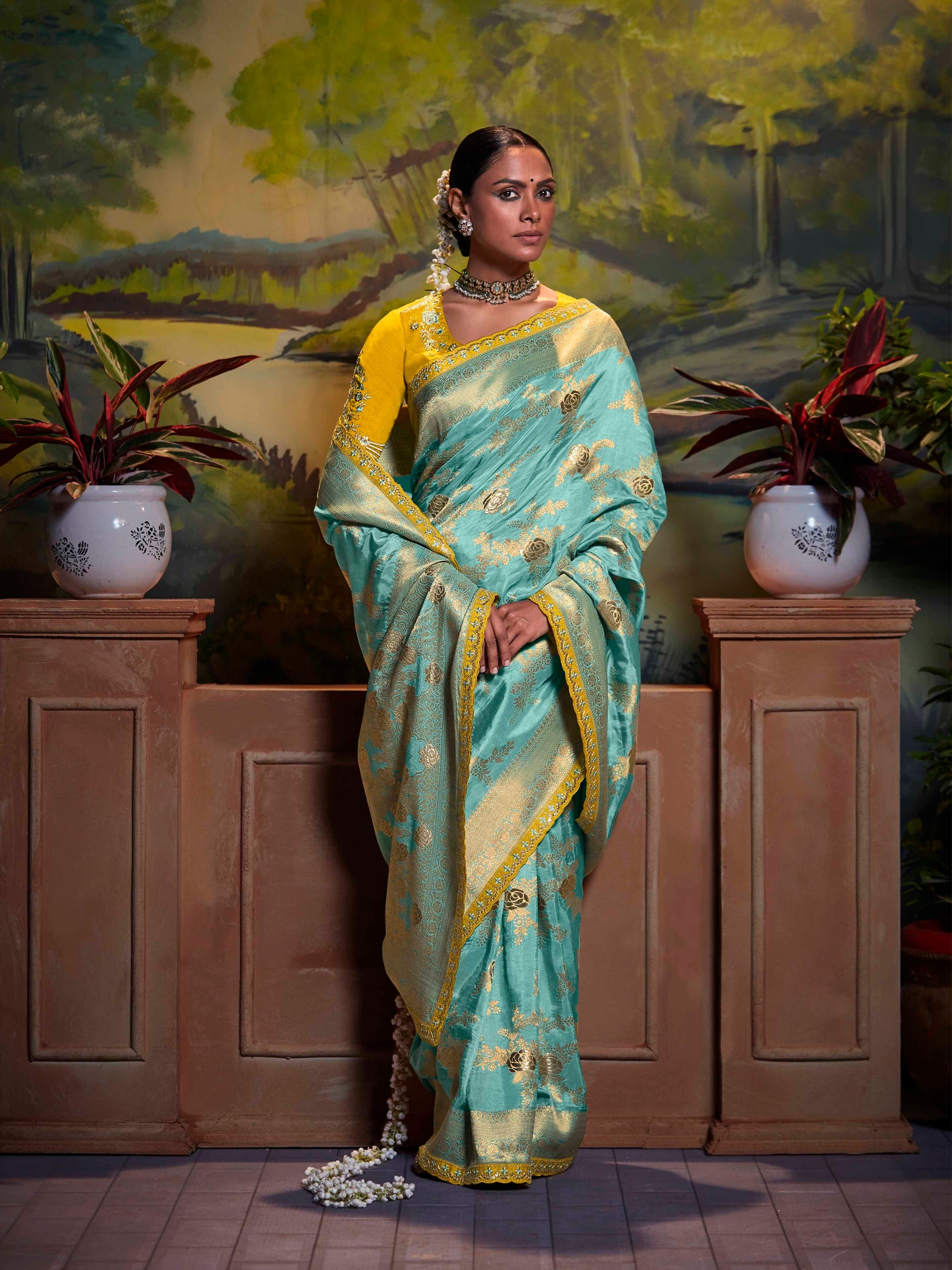 Sea Green Pure Dola Silk Floral Saree