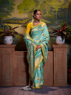 SEA GREEN PURE DOLA SILK FLORAL SAREE