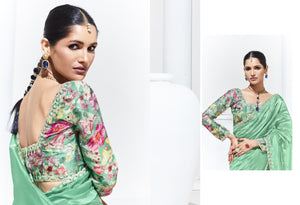 Green Silk Saree with Floral Blouse – A Perfect Blend of Grace & Elegance