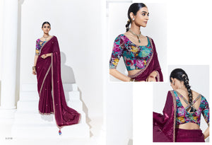 Wine Silk Saree with Vibrant Floral Blouse – A Statement of Luxury