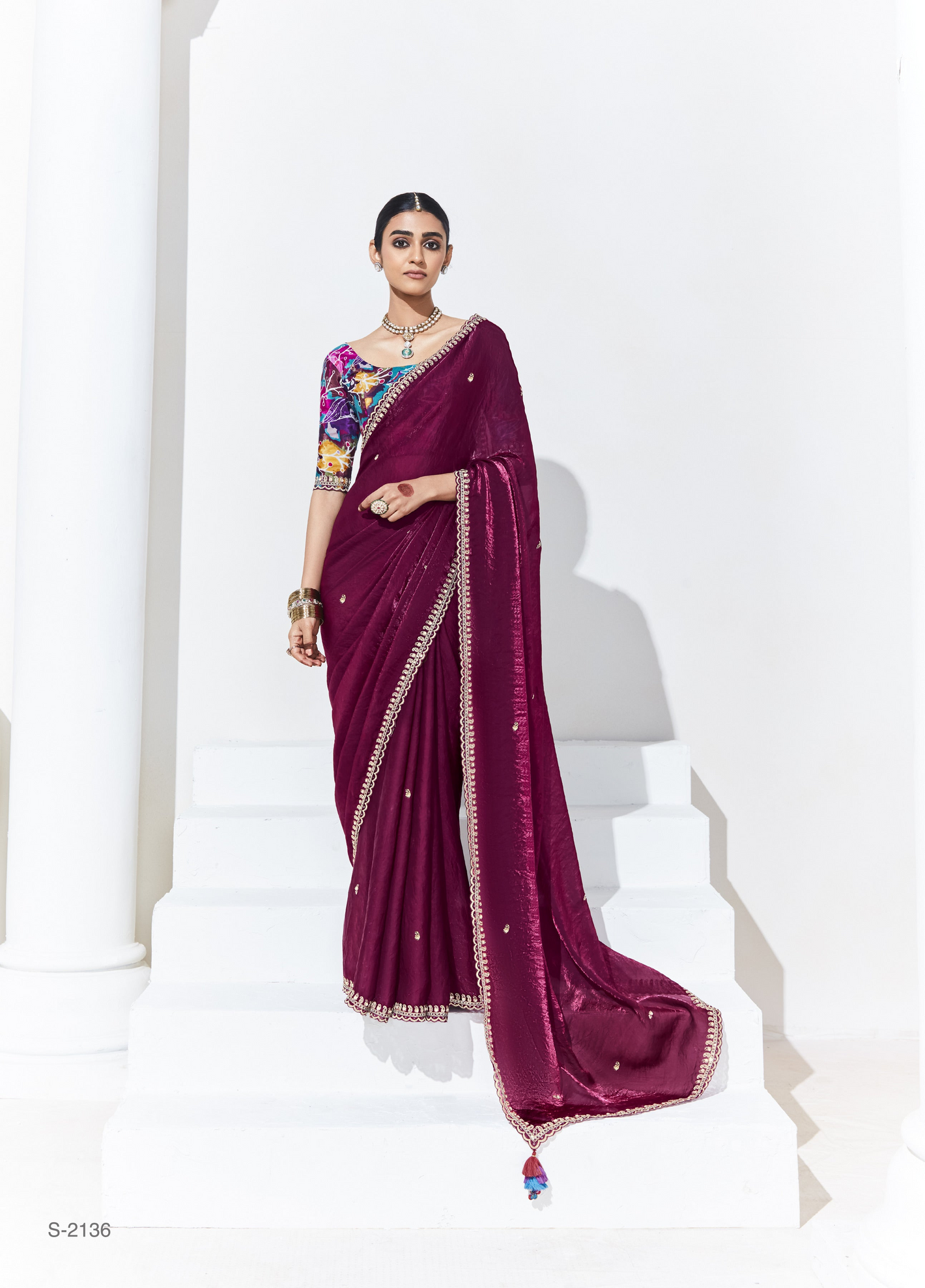 Wine Silk Saree with Vibrant Floral Blouse – A Statement of Luxury