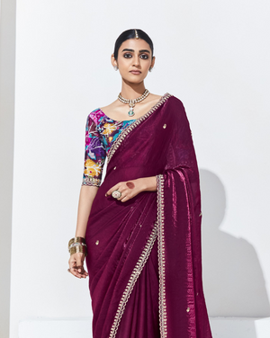 Wine Silk Saree with Vibrant Floral Blouse – A Statement of Luxury