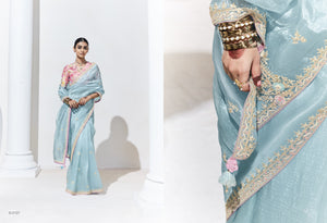 Sky Blue Silk Saree with Floral Blouse – A Dreamy Ethnic Attire