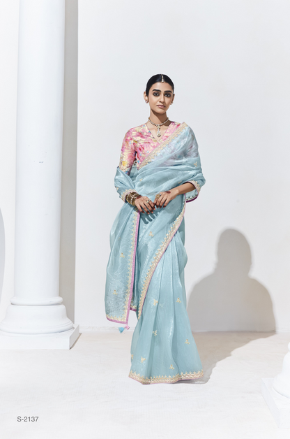 Sky Blue Silk Saree with Floral Blouse – A Dreamy Ethnic Attire