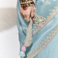 Sky Blue Silk Saree with Floral Blouse – A Dreamy Ethnic Attire