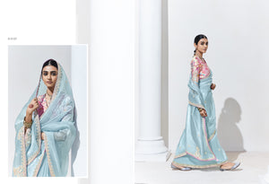 Sky Blue Silk Saree with Floral Blouse – A Dreamy Ethnic Attire