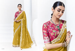 Mustard Yellow Saree with Floral Blouse – A Perfect Blend of Tradition & Style