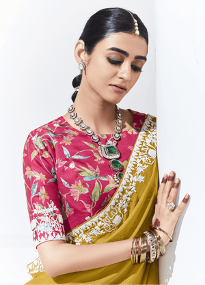 MUSTARD YELLOW SAREE WITH FLORAL BLOUSE – A PERFECT BLEND OF TRADITION & STYLE - Kimora.in