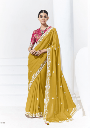 MUSTARD YELLOW SAREE WITH FLORAL BLOUSE – A PERFECT BLEND OF TRADITION & STYLE - Kimora.in