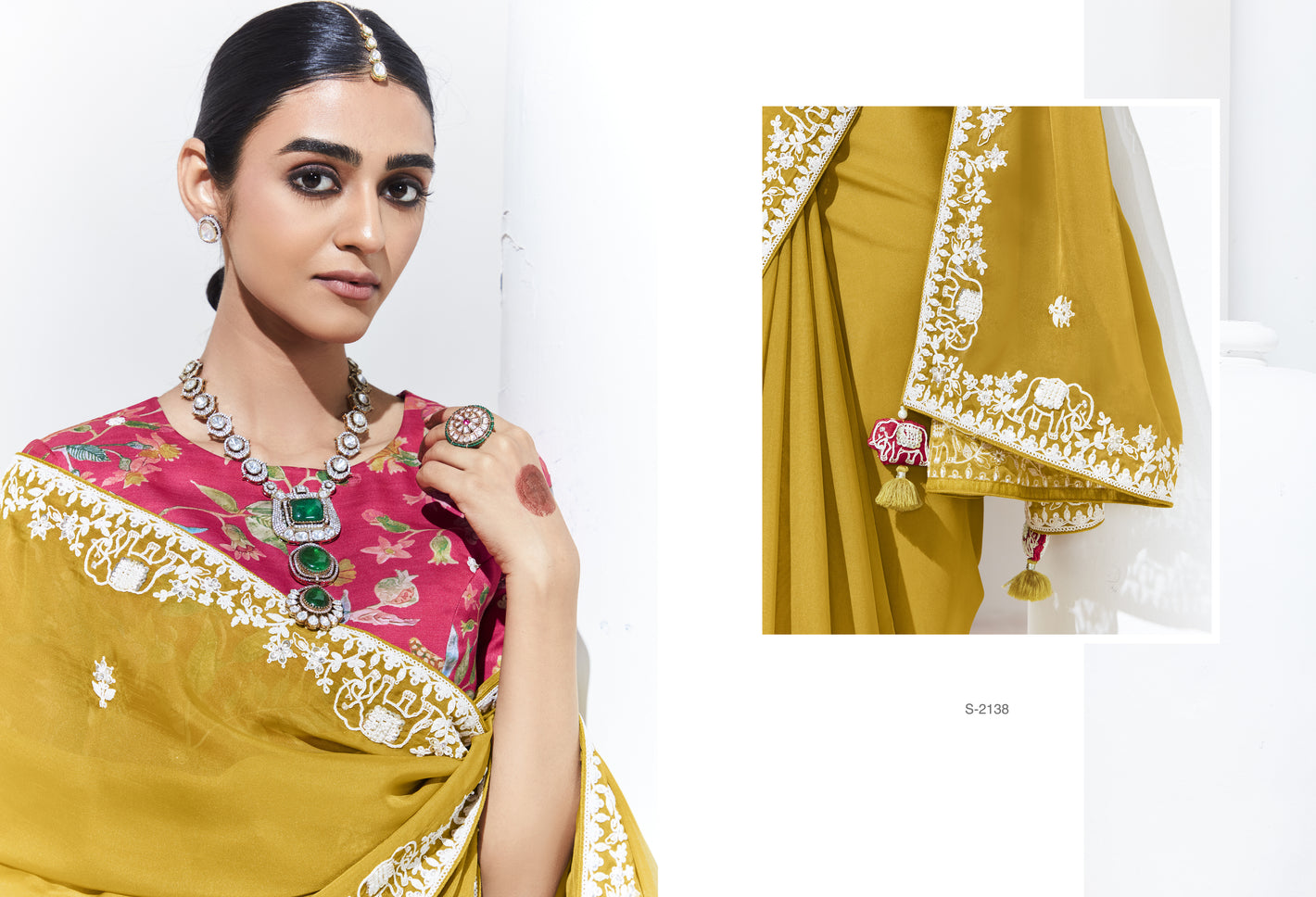 Mustard Yellow Saree with Floral Blouse – A Perfect Blend of Tradition & Style