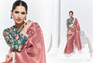 Pink Saree with Green Floral Blouse – A Graceful Ethnic Ensemble