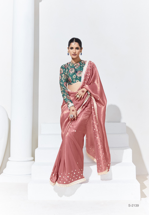 Pink Saree with Green Floral Blouse – A Graceful Ethnic Ensemble