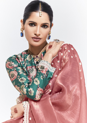 Pink Saree with Green Floral Blouse – A Graceful Ethnic Ensemble