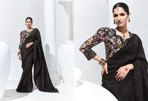 Elegant Black Saree with Floral Embroidered Blouse – Timeless Grace