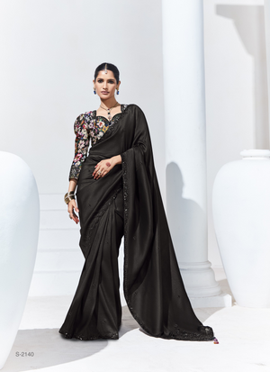 Elegant Black Saree with Floral Embroidered Blouse – Timeless Grace