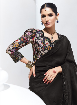 Elegant Black Saree with Floral Embroidered Blouse – Timeless Grace