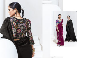 Elegant Black Saree with Floral Embroidered Blouse – Timeless Grace