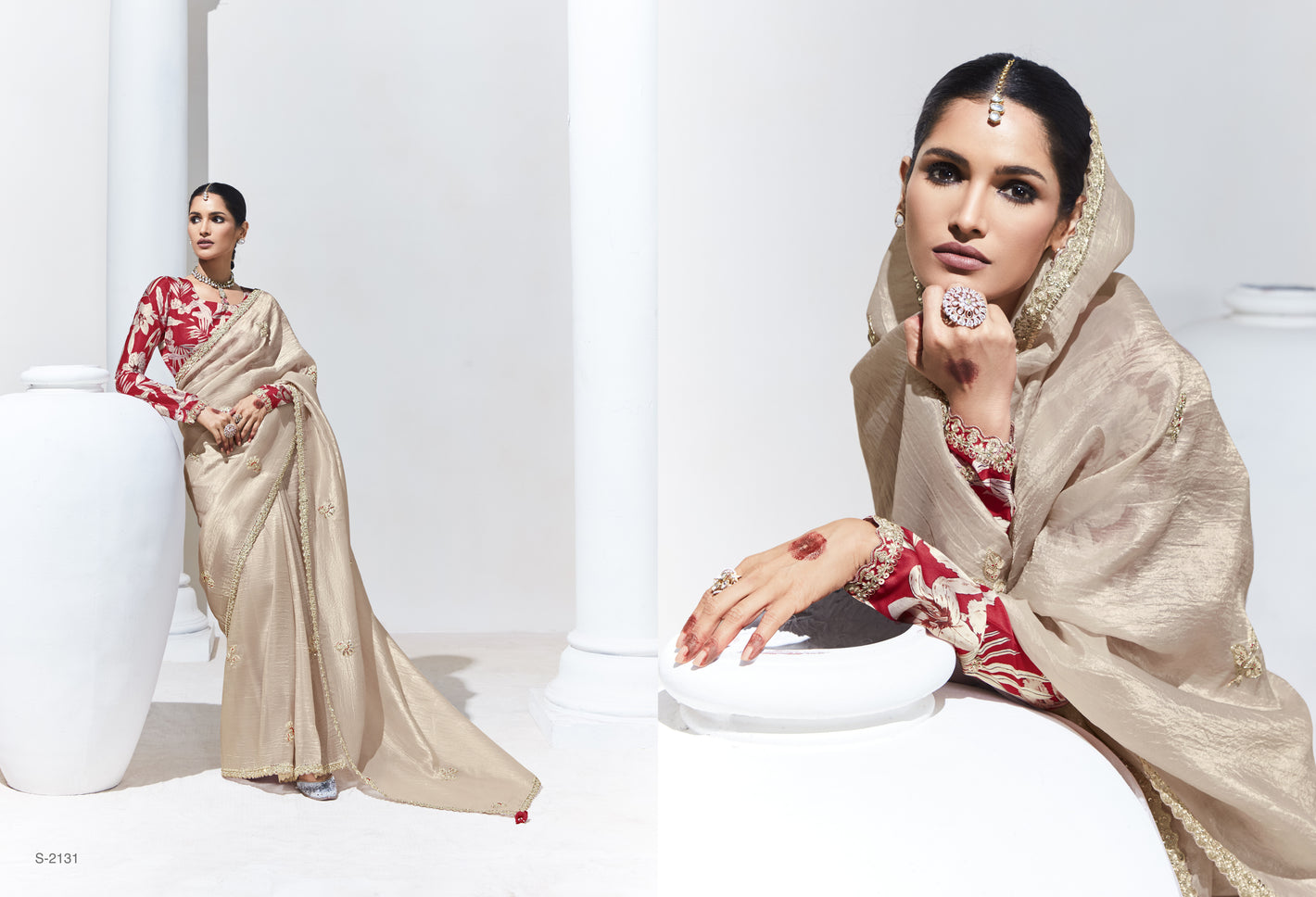 Elegant Beige Silk Saree with Embroidered Red Blouse