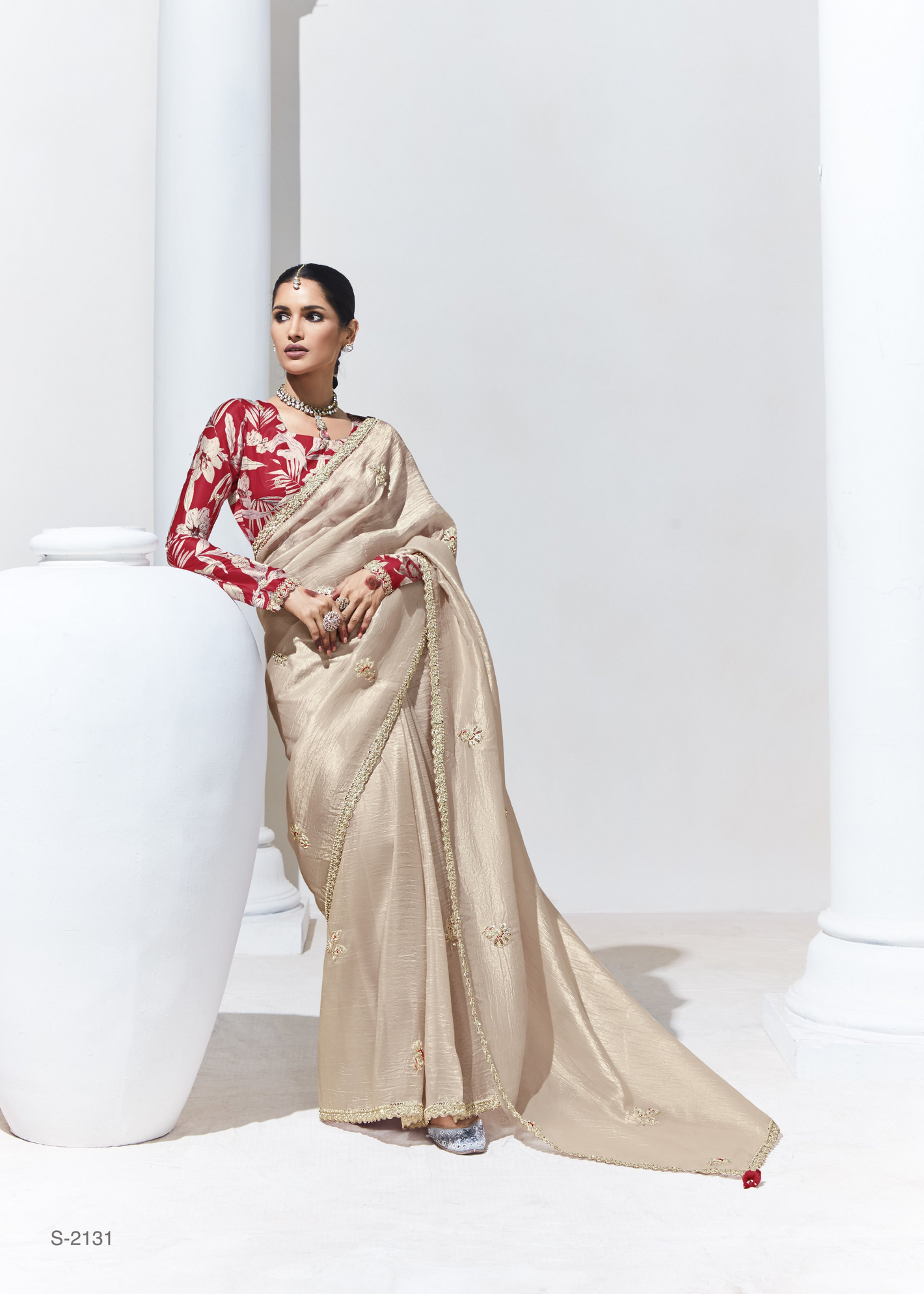 Elegant Beige Silk Saree with Embroidered Red Blouse