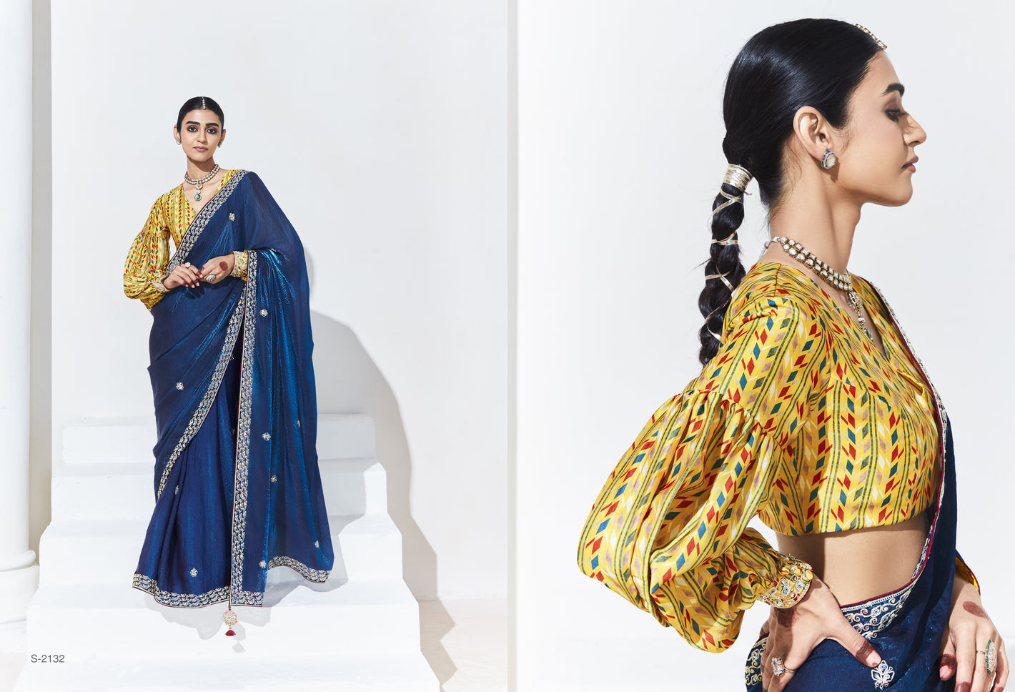 Royal Blue Silk Saree with Yellow Printed Puff-Sleeve Blouse – A Perfect Blend of Tradition & Trend