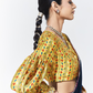 Royal Blue Silk Saree with Yellow Printed Puff-Sleeve Blouse – A Perfect Blend of Tradition & Trend