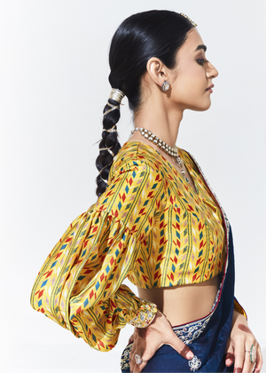 Royal Blue Silk Saree with Yellow Printed Puff-Sleeve Blouse – A Perfect Blend of Tradition & Trend