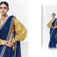 Royal Blue Silk Saree with Yellow Printed Puff-Sleeve Blouse – A Perfect Blend of Tradition & Trend