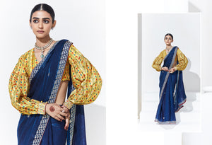 Royal Blue Silk Saree with Yellow Printed Puff-Sleeve Blouse – A Perfect Blend of Tradition & Trend