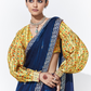 Royal Blue Silk Saree with Yellow Printed Puff-Sleeve Blouse – A Perfect Blend of Tradition & Trend