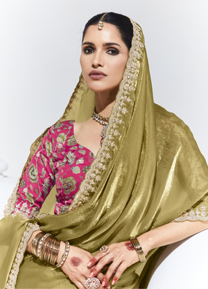 Olive Green Silk Saree with Embroidered Blouse – A Timeless Ethnic Statement