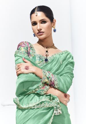 Green Silk Saree with Floral Blouse – A Perfect Blend of Grace & Elegance