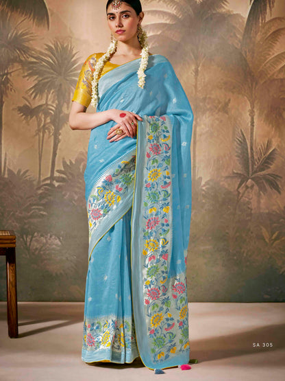 Elegant Sky Blue Saree with Yellow Contrast Blouse