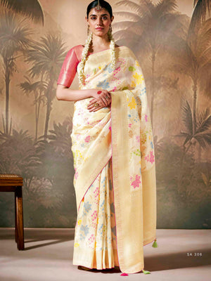 Elegant White Saree with Multi-Color Floral Embroidery
