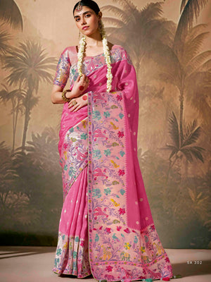 Gorgeous Pink Banarasi Saree with Multi-Color Floral Weaving &amp; Matching Pink Blouse