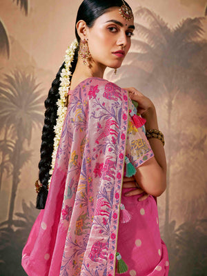 Gorgeous Pink Banarasi Saree with Multi-Color Floral Weaving &amp; Matching Pink Blouse
