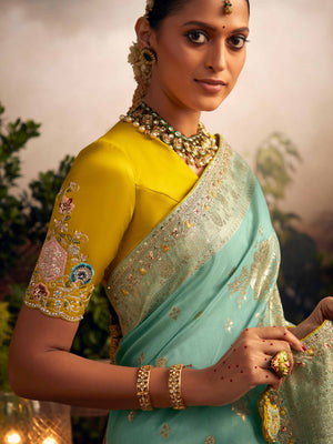 Elegant Green Silk Saree with Contrast Yellow Blouse