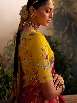 Classic Red Banarasi Silk Saree with Yellow Embroidered Blouse