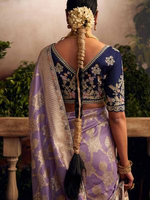 Elegant Lavender Viscose Dola Silk Saree with Contrast Blue Blouse Piece