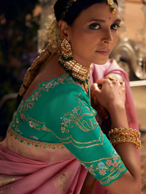 Elegant Pink Viscose Dola Silk Saree with Contrast Green Blouse Piece