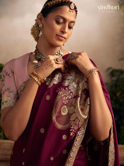 Embroidered Pure Viscose Dola Silk Purple Traditional Bridal Saree