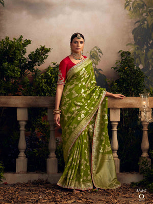 Glamorous Green Zari Woven Dola Silk Wedding Saree with Red Blouse