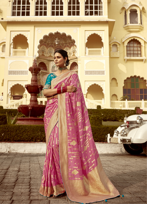 Pink Banarasi Silk Saree with Gold Zari Weaving