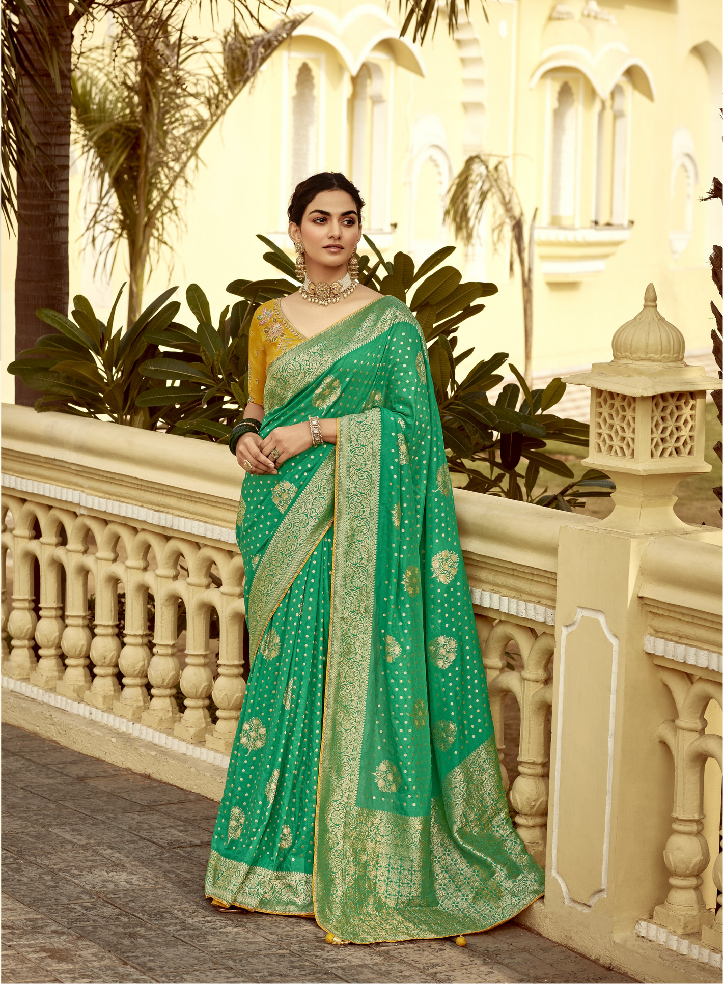 Green Banarasi Silk Saree with Mustard Embroidered Blouse