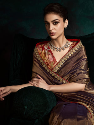 Elegant Brown Tissue Silk Saree with Crush Effect & Designer Printed Silk BlouseElegant Brown Tissue Silk Saree