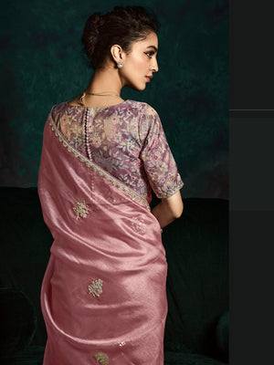 Graceful Pink Pure Tissue Silk Saree with Sequins & Thread Embroidered Butti Work