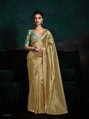 Woman wearing a light green saree with a dark background