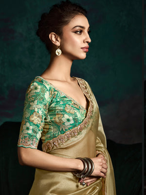 Designer Golden Fancy Saree with Thread Embroidery