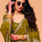 Olive Green Shimmer Chinon Saree Close-Up with Zari Sequin Embroidered Curls, Meenakari Detailing 