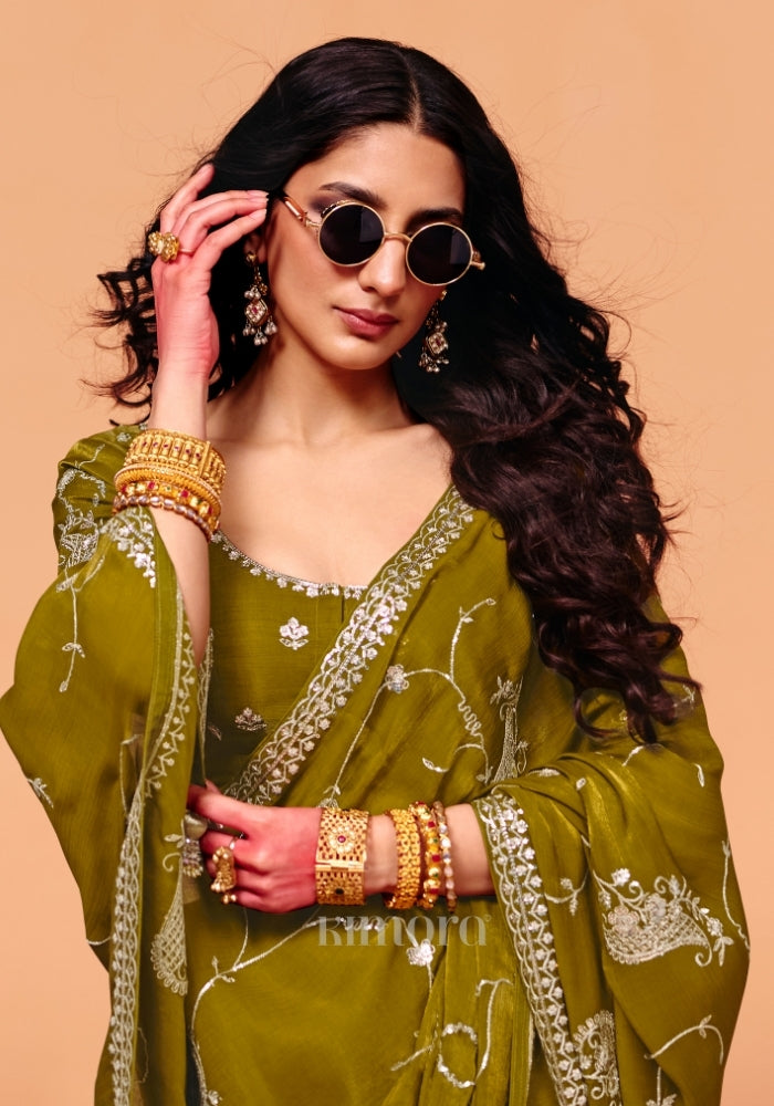 Olive Green Shimmer Chinon Saree Close-Up with Zari Sequin Embroidered Curls, Meenakari Detailing 